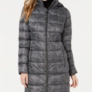 Women's Michael Kors animal print leopard Gray black Hooded Puffer Coat PS EUC